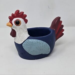 Allen designs Enesco rooster chicken hen planter pot garden cottagecore blue